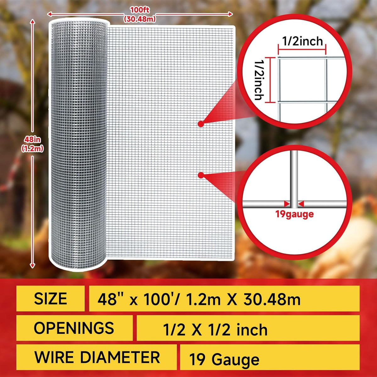 Hardware Cloth,1/2inch 48inx100ft 19 Gauge,Double-Layer Hot-Dip Galvanizing After Welding,Chicken