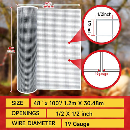Hardware Cloth,1/2inch 48inx100ft 19 Gauge,Double-Layer Hot-Dip Galvanizing After Welding,Chicken