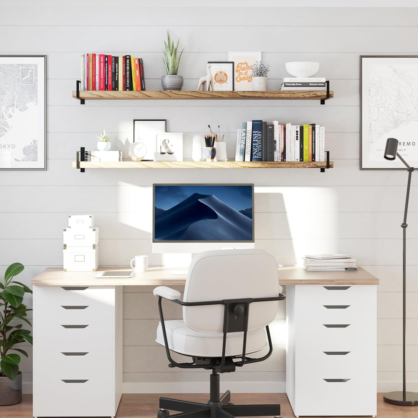 Wallniture Toledo 60 inch Floating Shelf with Heavy Duty Bookend Brackets, Wooden Shelves for Wall