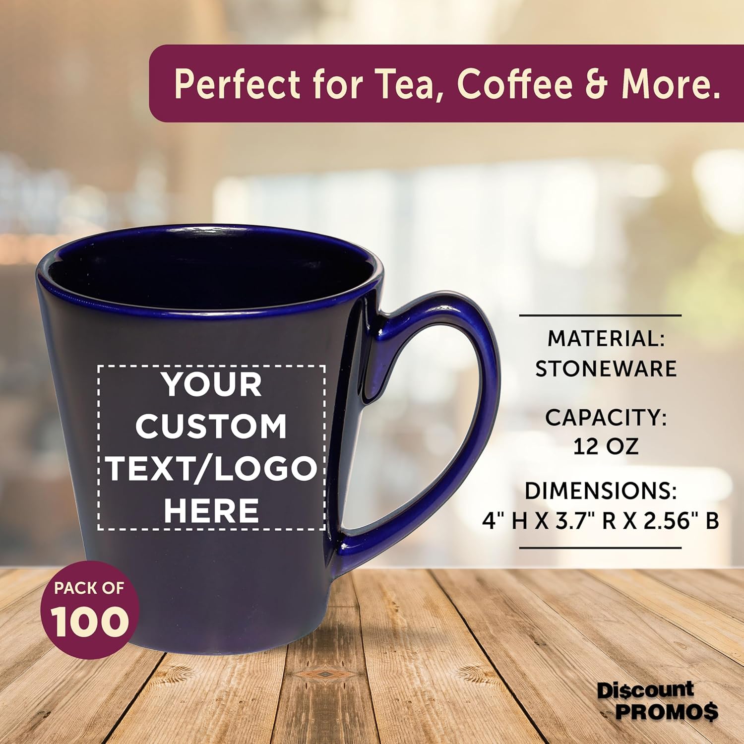 DISCOUNT PROMOS Custom Glossy Ceramic Latte Coffee Mug 12 oz. Set of 100, Personalized Bulk Pack