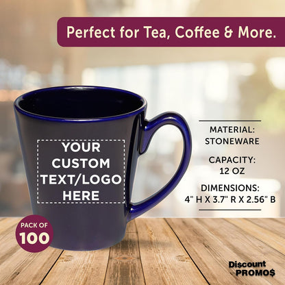 DISCOUNT PROMOS Custom Glossy Ceramic Latte Coffee Mug 12 oz. Set of 100, Personalized Bulk Pack