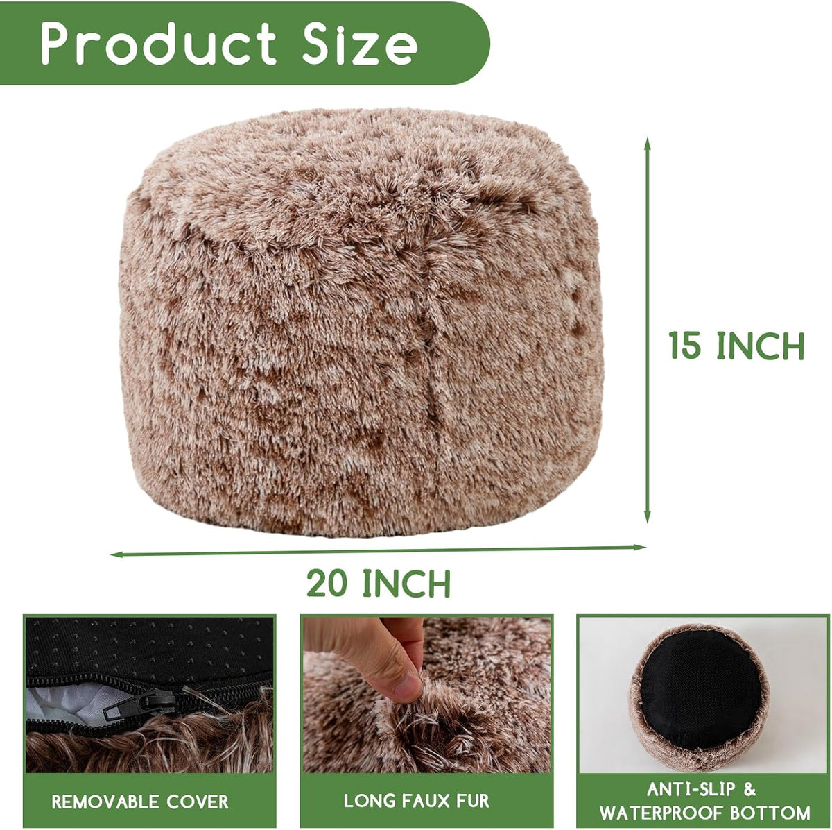 HIGOGOGO Round Stuffed Pouf Ottoman, Long Faux Fur Poufs with Foam Chunk Filling, Fluffy and Furry