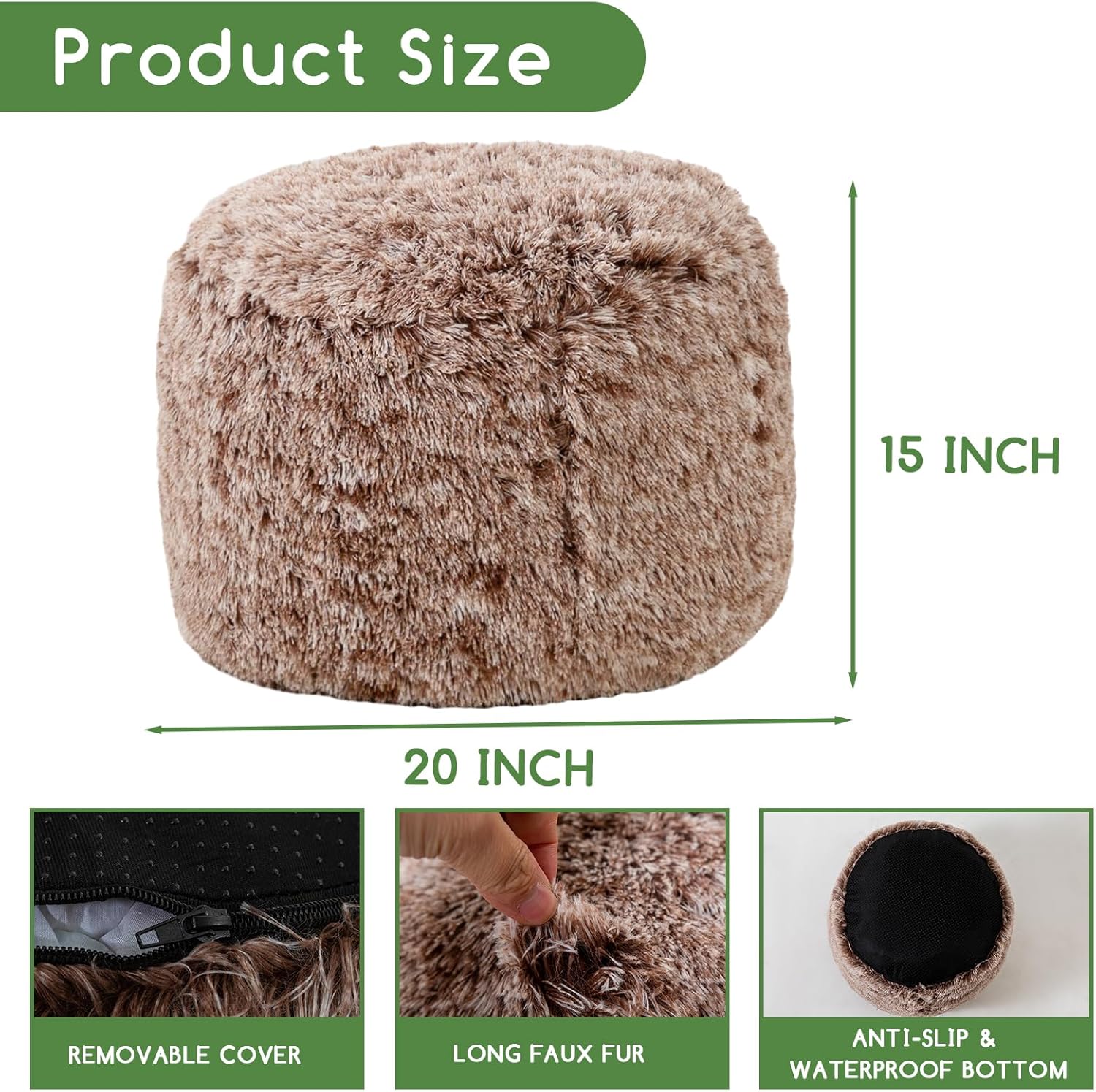 HIGOGOGO Round Stuffed Pouf Ottoman, Long Faux Fur Poufs with Foam Chunk Filling, Fluffy and Furry
