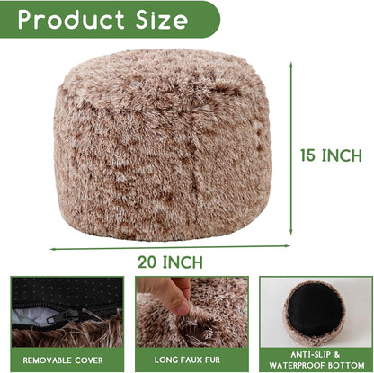 HIGOGOGO Round Stuffed Pouf Ottoman, Long Faux Fur Poufs with Foam Chunk Filling, Fluffy and Furry