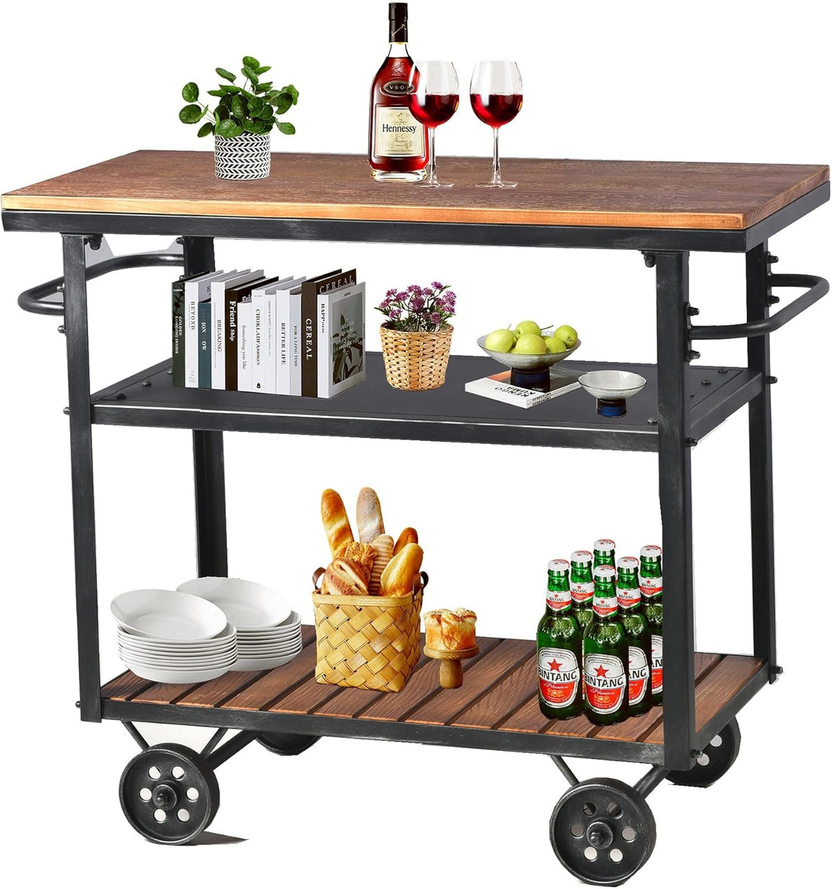 Diwhy Industrial 3 Tier Rolling Utility Storage Cart Wine Beverage, Metal Wine Rack with Wheels