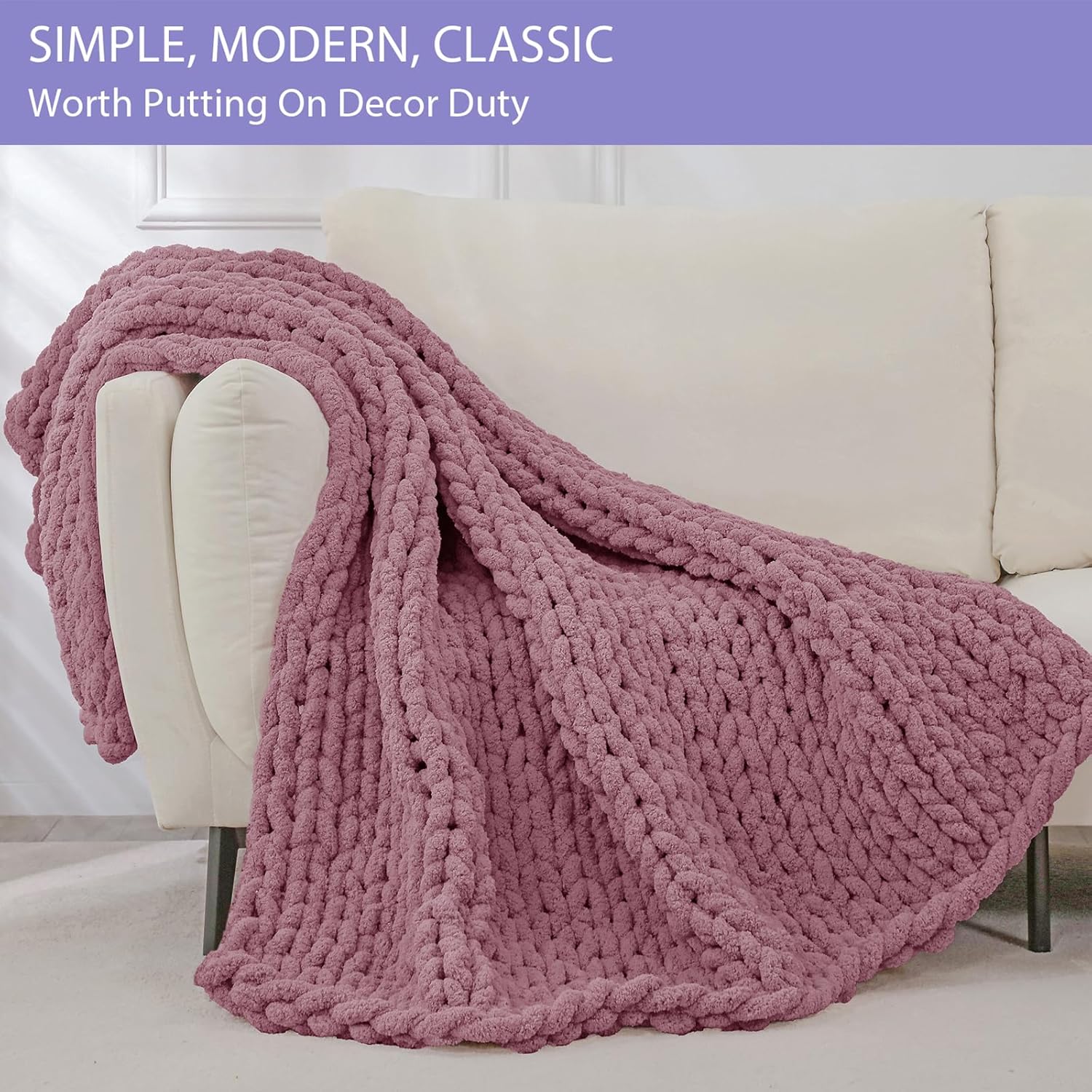 Bigacogo Chunky Knit Throw Blanket for Couch, 40x40 inches, 100% Hand Knitted with Thick Jumbo