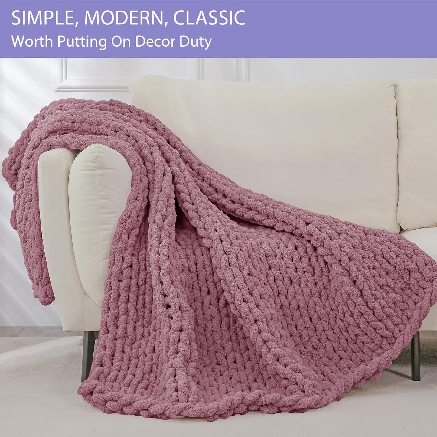 Bigacogo Chunky Knit Throw Blanket for Couch, 40x80 inches, 100% Hand Knitted with Thick Jumbo