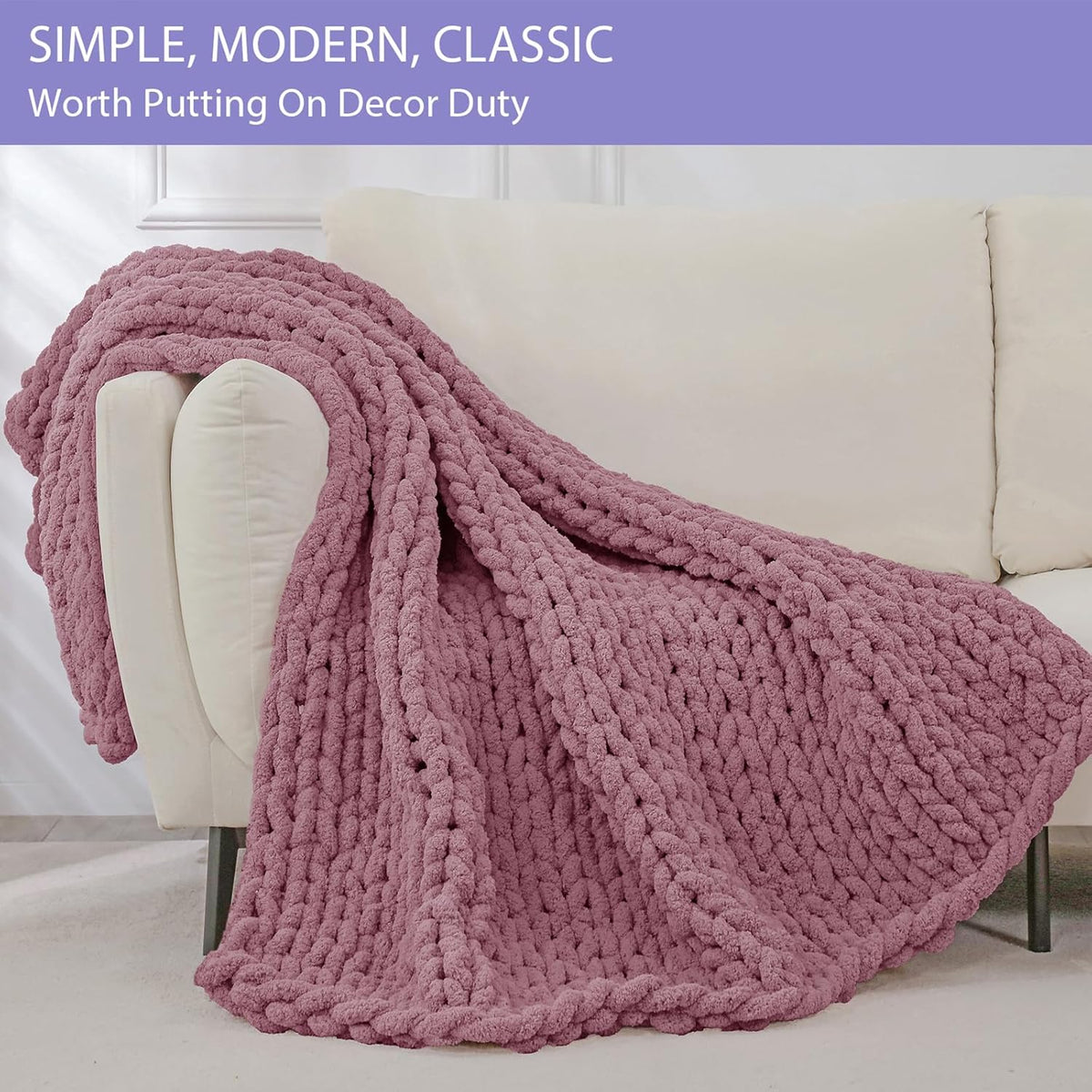 Bigacogo Chunky Knit Throw Blanket for Couch, 40x80 inches, 100% Hand Knitted with Thick Jumbo