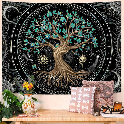 Lunerfex Tree of Life Tapastry Butterfly Moon Tapastry Flower Green Tree Tapestries Mandala Wall