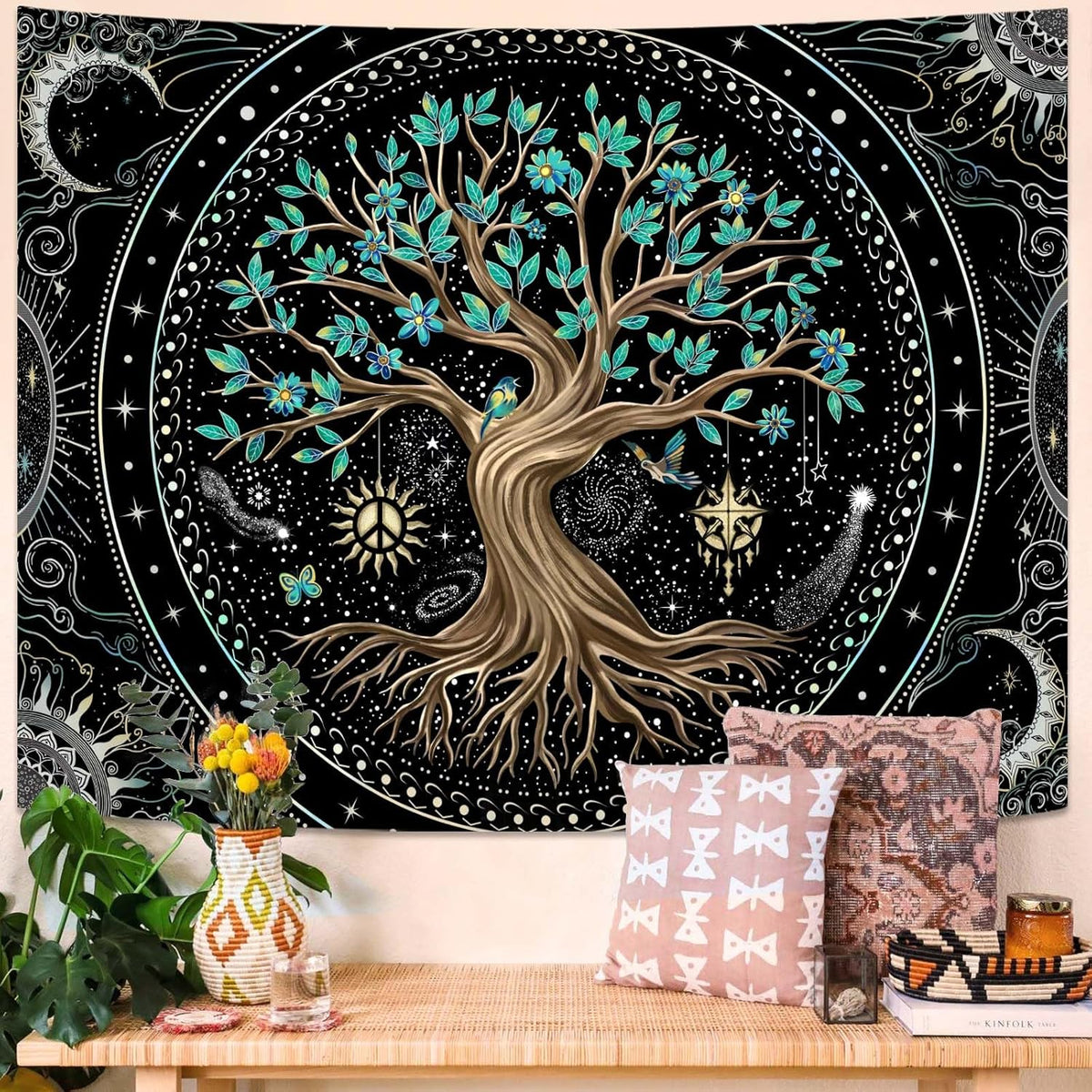 Lunerfex Tree of Life Tapastry Butterfly Moon Tapastry Flower Green Tree Tapestries Mandala Wall