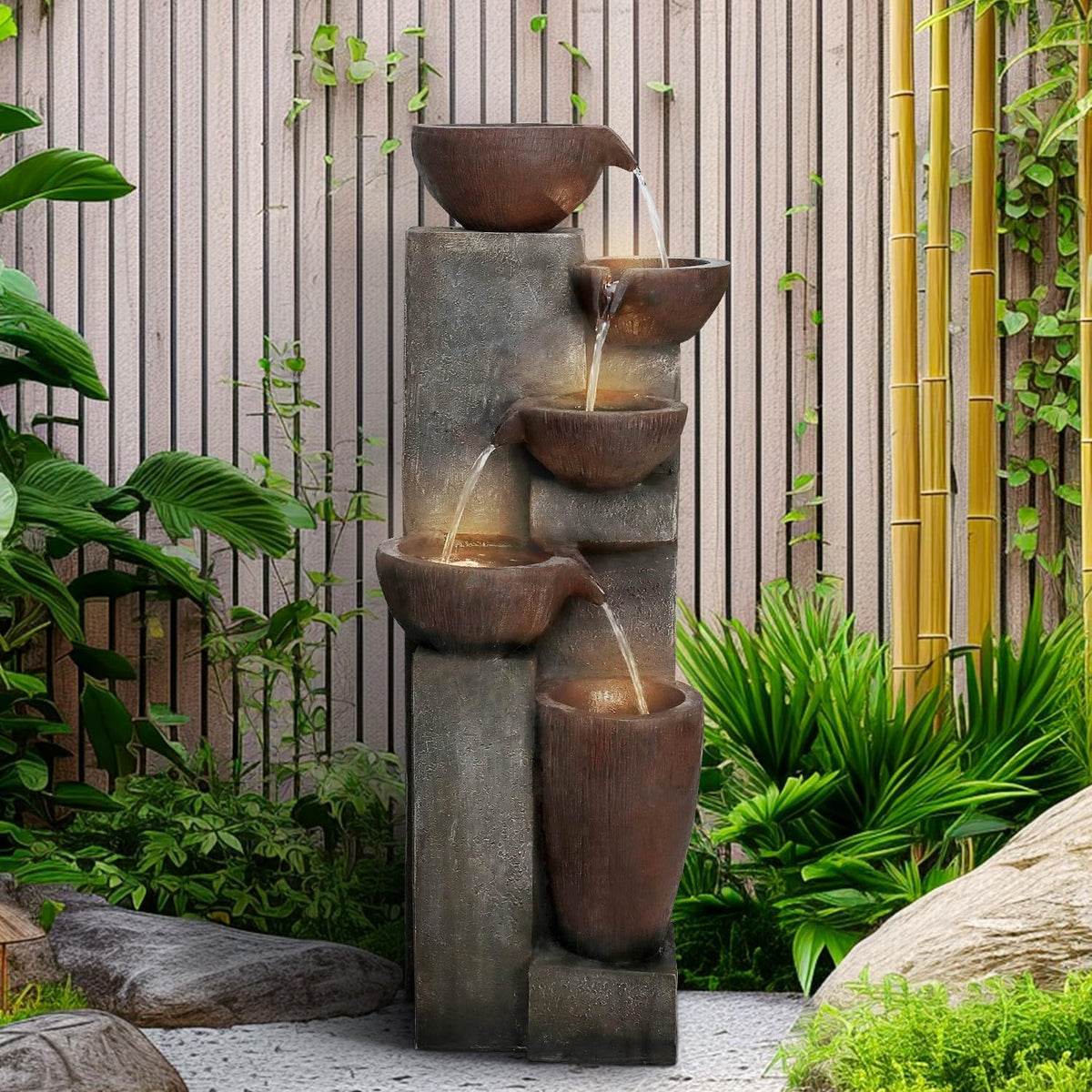 SunJet 5-Tier Cascading Indoor/Outdoor Water Fountain with LED Lights - 39.7" High Large Waterfall
