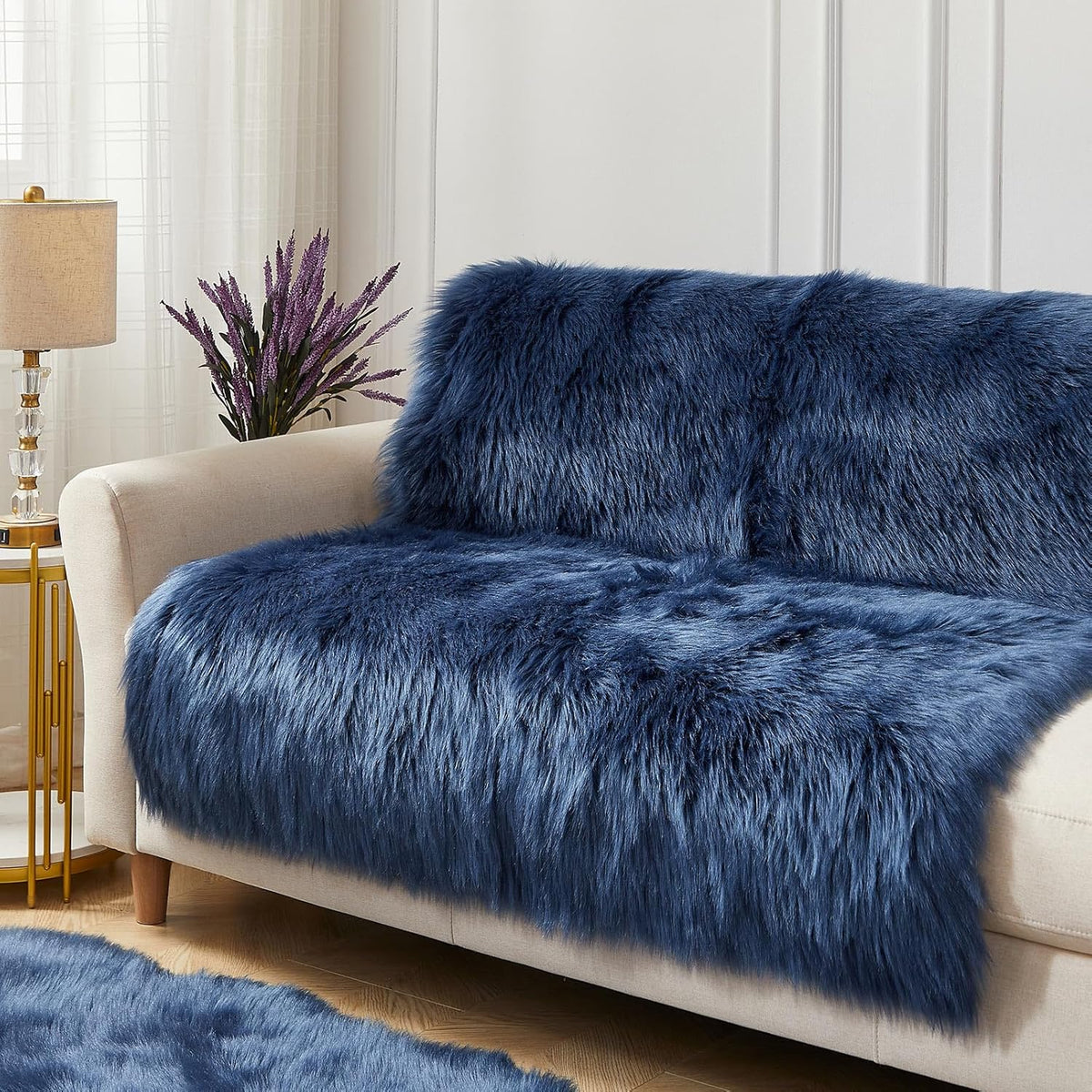 AMTOVO Faux Fur Sheepskin Rug for Living Room, 4 x 6 ft Dark Blue Fluffy Area Rug for Bedroom