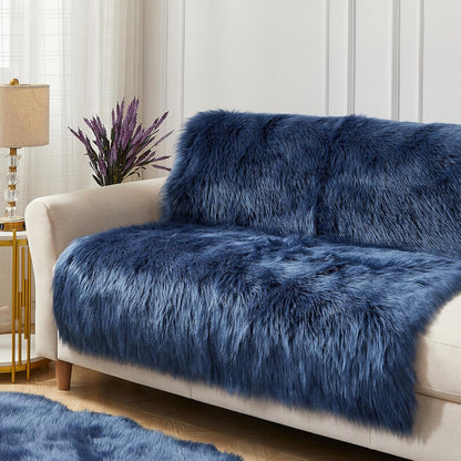 AMTOVO Faux Fur Sheepskin Rug for Living Room, 4 x 6 ft Dark Blue Fluffy Area Rug for Bedroom