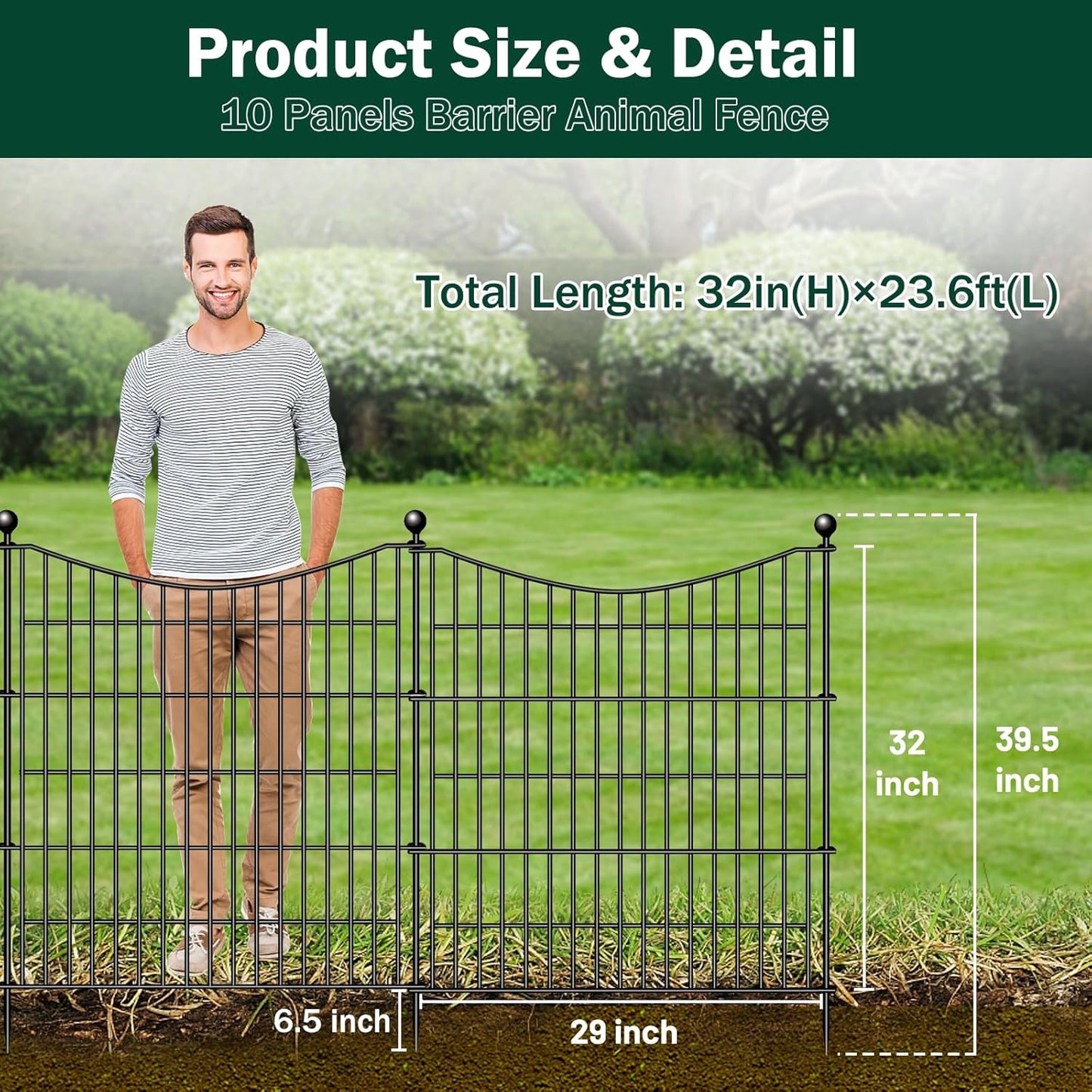 10 Panels Decorative Garden Fence with Gate, 32 in(H) X 23.6 ft(L) No Dig Dog Fence Animal Barrier