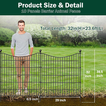 10 Panels Decorative Garden Fence with Gate, 32 in(H) X 23.6 ft(L) No Dig Dog Fence Animal Barrier