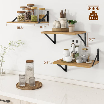 Heimlove Deep Floating Shelves for Wall, 12 Inch Deep Floating Shelves Set of 3, 16W x 12D Wood