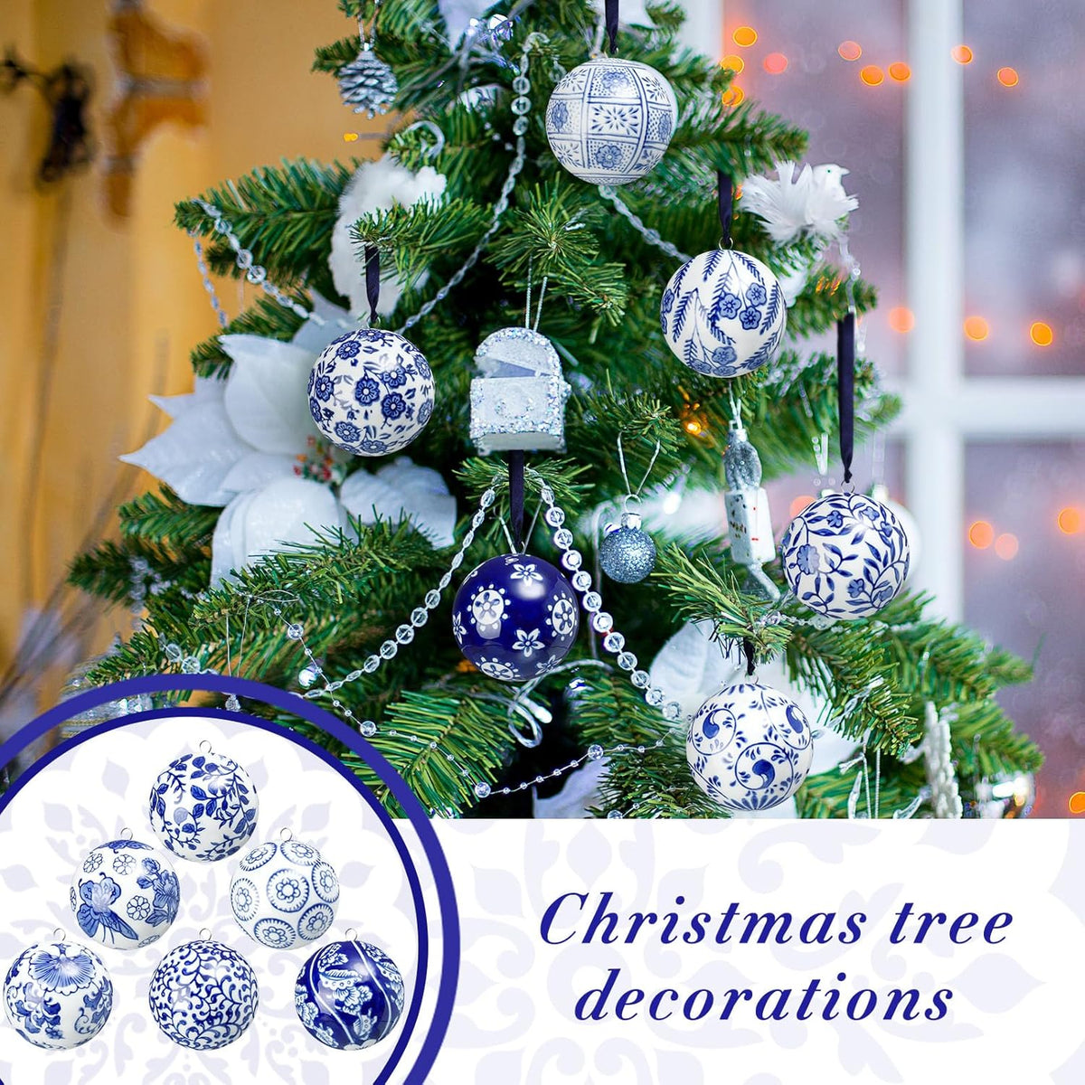 Cindeer 12 Pcs Blue and White Christmas Porcelain Balls 2.4 Inch Porcelain Chinoiserie Ornament