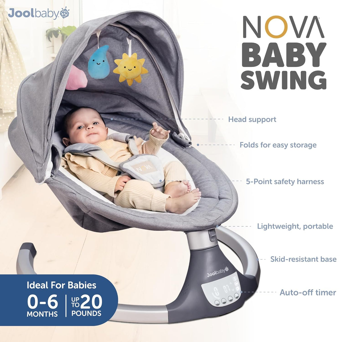 Jool Baby Nova Swing for Newborns - Electric Motorized Infant Swing, Bluetooth Music, 10 Preset