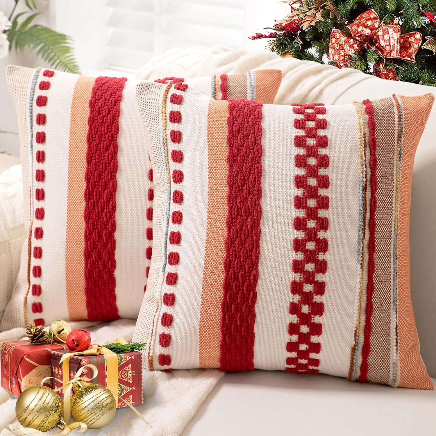 Boho Throw Pillow Covers 18x18 Set of 2 Christmas Decorative Cushion Case Striped Square Pillows