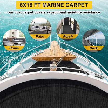 Marine Carpet - 6 FT x 18 FT Black Indoor/Outdoor Carpet, 0.2" Thick, Water-Proof TPE Backing