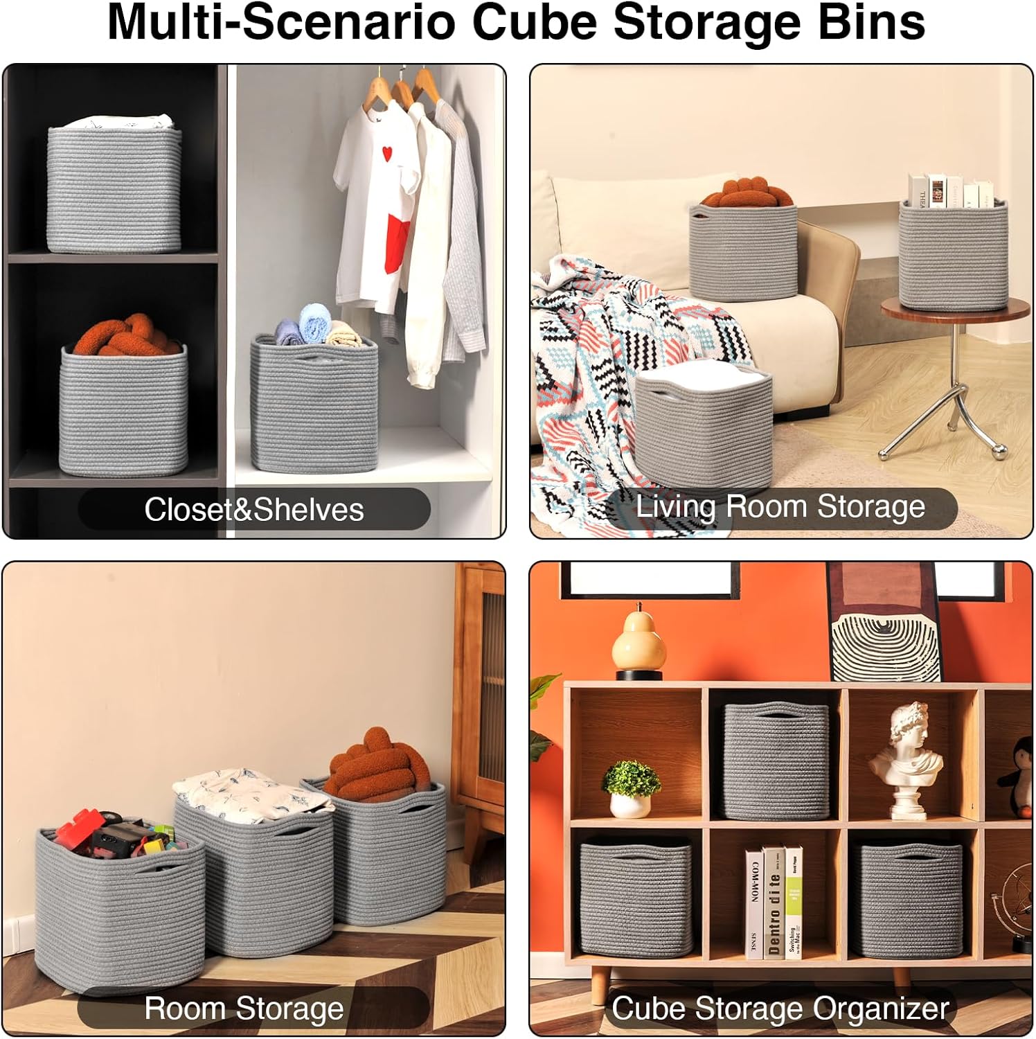 11 Inch Cube Storage Bins, Storage Cube Organizer Bins, Woven Cotton Rope Basket for Storage