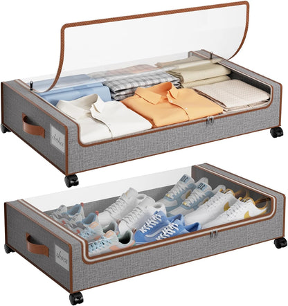 Yecaye Under Bed Storage with Wheels, 2 Pack Under Bed Storage Containers with Clear Lids & Label