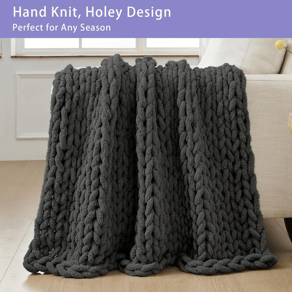 Bigacogo Chunky Knit Throw Blanket for Couch, 40x60 inches, 100% Hand Knitted with Thick Jumbo
