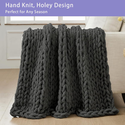Bigacogo Chunky Knit Throw Blanket for Couch, 40x60 inches, 100% Hand Knitted with Thick Jumbo