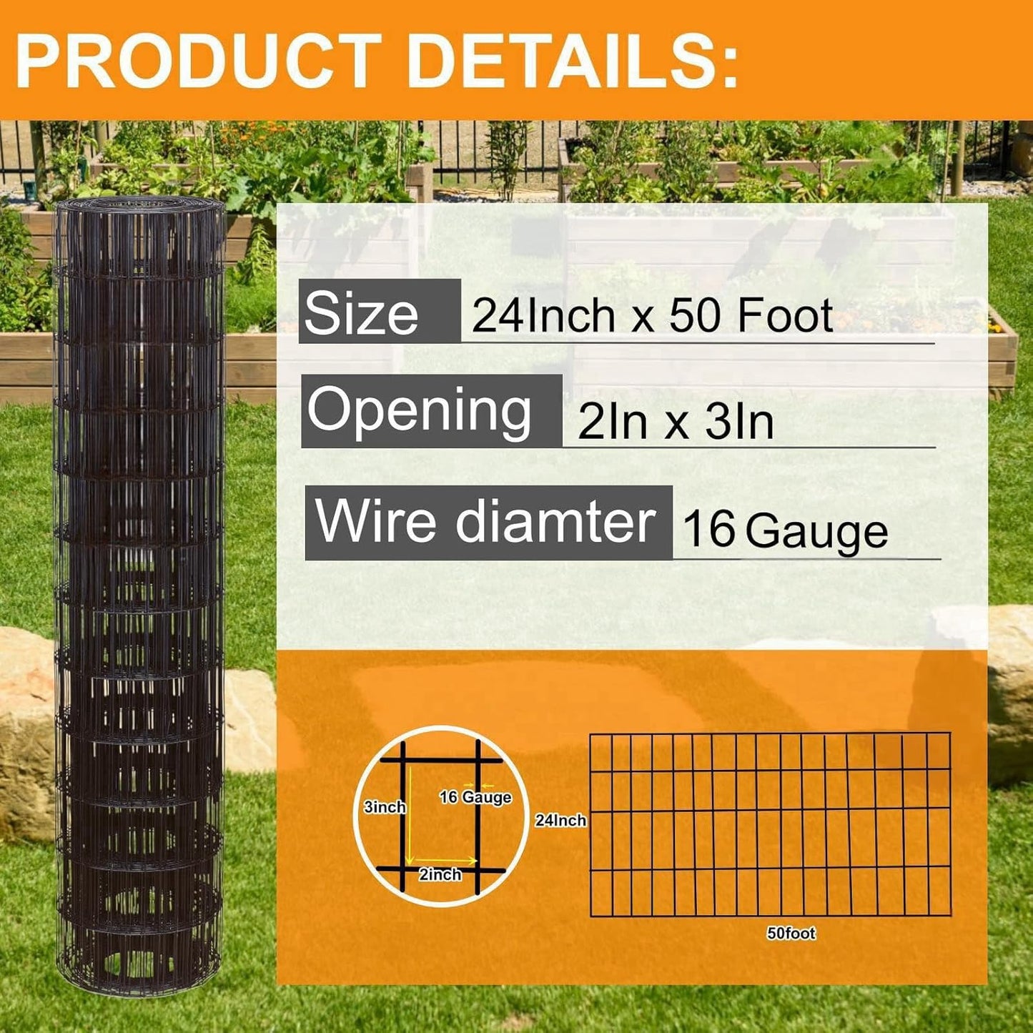 Wire Fence 24in x 50ft, 2X 3 16GA, Black PVC Coated Garden Fence for Yard Garden Border Fencing