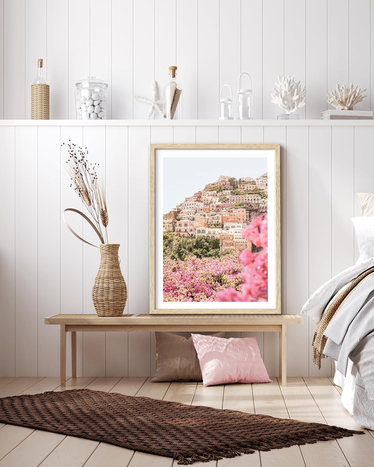 HesenDot Natural OAK Wood Amalfi Coast Framed Wall Art,12x16in Italy Beach Canvas Wall Print, Pink