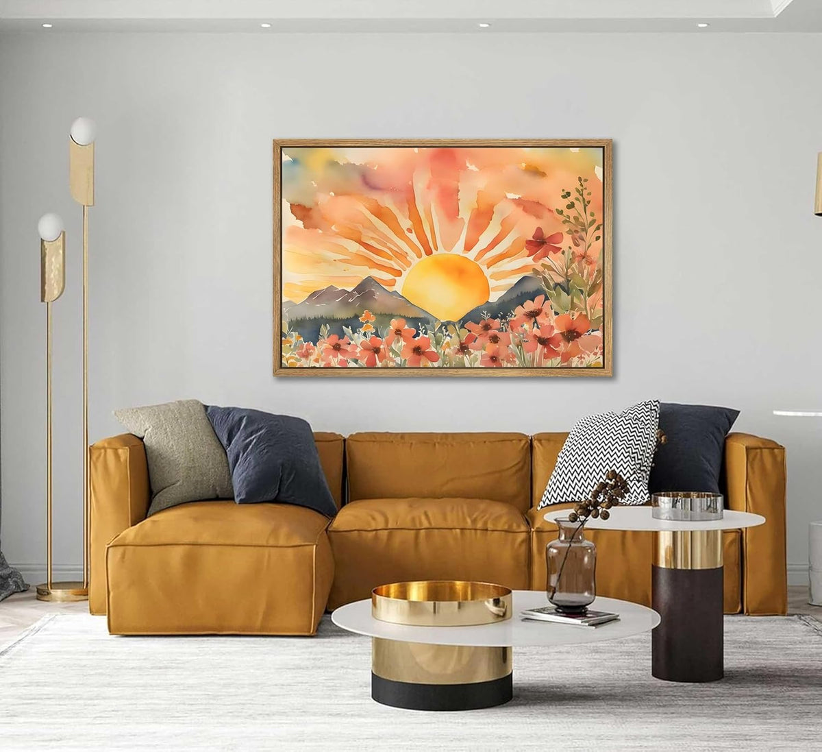 Framed Boho Sun Canvas Wall art Mid-Century Modern Abstract Bohemian Sunset in The Mountains