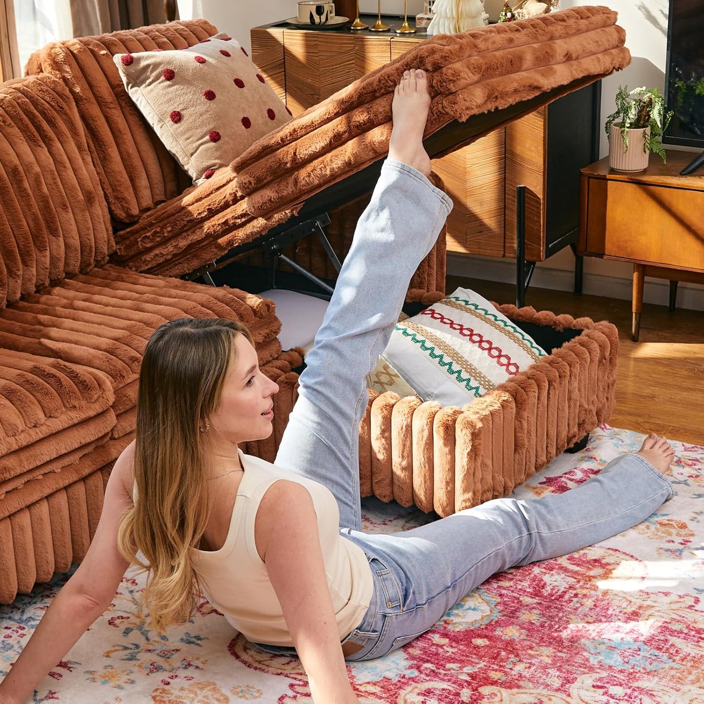 Belffin Modular Sectional Sleeper Sofa with Pull Out Couch Bed Corduroy Double Chaise with Storage