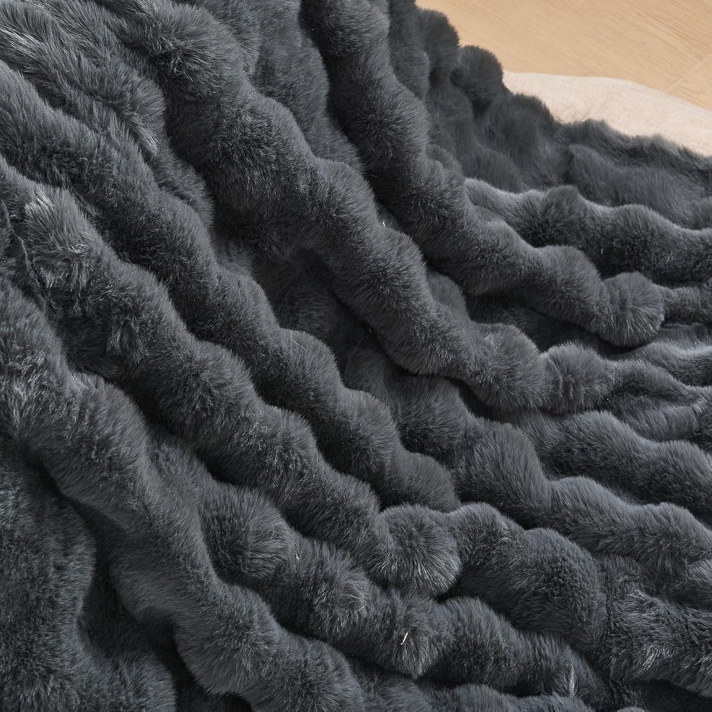 Lotus Karen Queen Size Faux Fur Blanket Dark Gray - Big Bubble Rabbit Fluff Throw for Bed Large