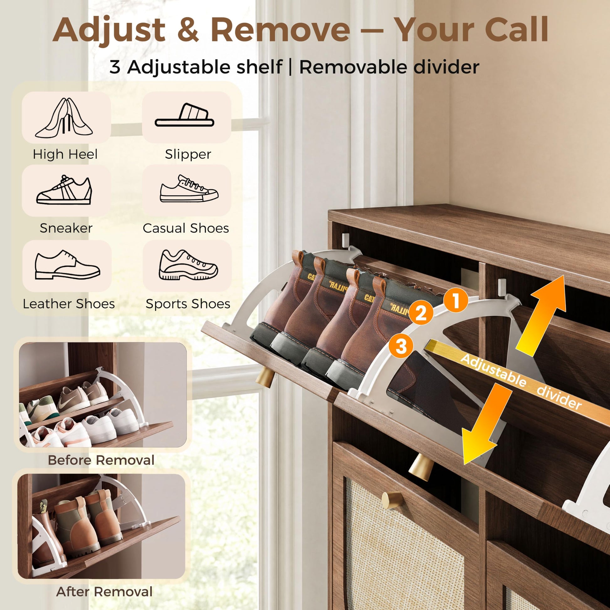 Rattan Shoe Cabinet for Entryway with 4 Flip Drawers, 9.5" Narrow Shoe Rack, Boho Slim Shoe Storage
