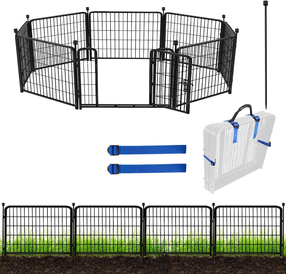 ADAVIN 24 in(H) Garden Fence with Gate, 8 Panels Total 19.7 Ft(L), Heavy Duty Iron Metal Animal