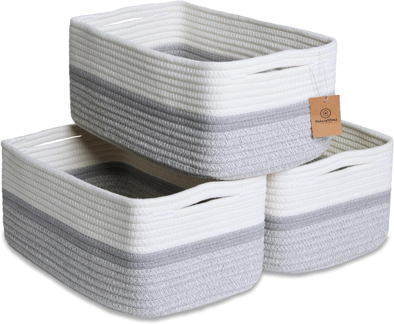NaturalCozy 13.5”x8.5”x5.5” Storage Baskets for Shelves 3 Pack | Cotton Rope Woven Small Baskets