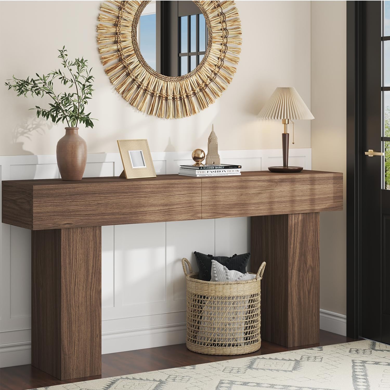 63 Inch Long Console Table for Entryway, Farmhouse Wood Rectangular Sofa Table Behind Couch Table