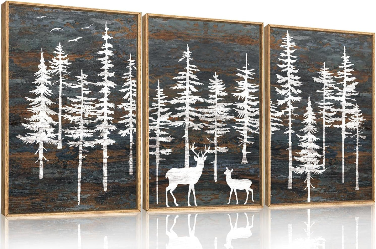 Celestdeco Modern White Forest Framed Canvas Wall Art Set, Minimalist Woodland Art Painting, Retro
