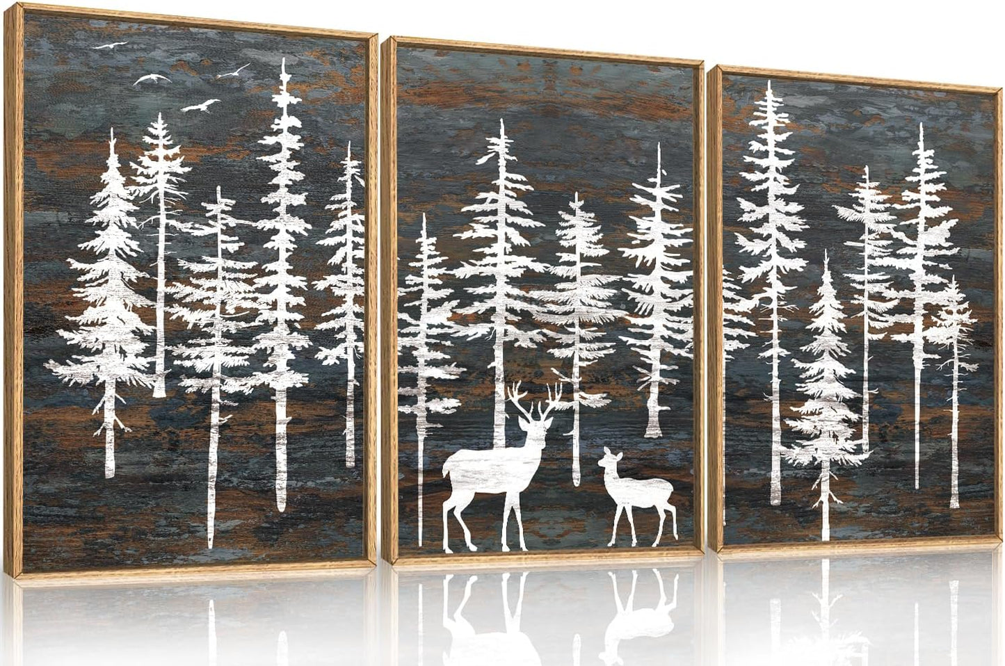 Modern White Forest Framed Canvas Wall Art Set, Minimalist Woodland Art Painting, Retro Tree