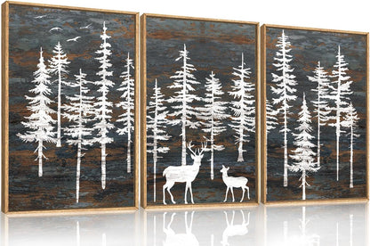 Modern White Forest Framed Canvas Wall Art Set, Minimalist Woodland Art Painting, Retro Tree