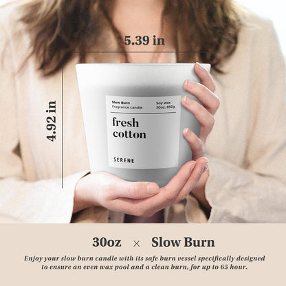 Hidden Label Large Scented Candle, Fresh Cotton, 30oz 3 Wick Huge Candle, Serene Collection Slow