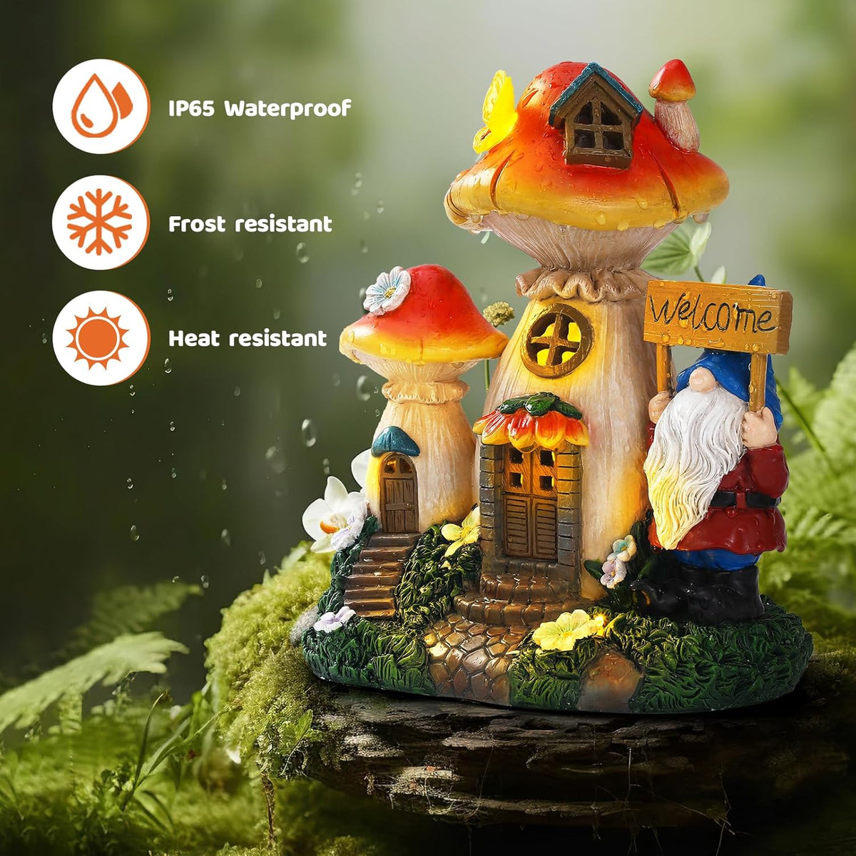Solar Garden Statue Lights Mushroom Fairy House Figurine, Outdoor Memorial Garden Ornaments