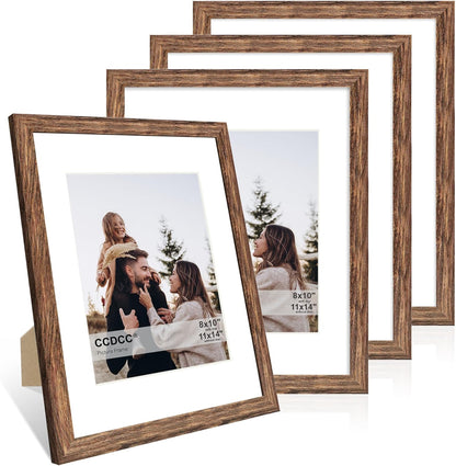 11x14 Picture Frame Set of 4, 11 x 14 Wood Photo Frames with Mat for 8x10, Natural Wooden Frame