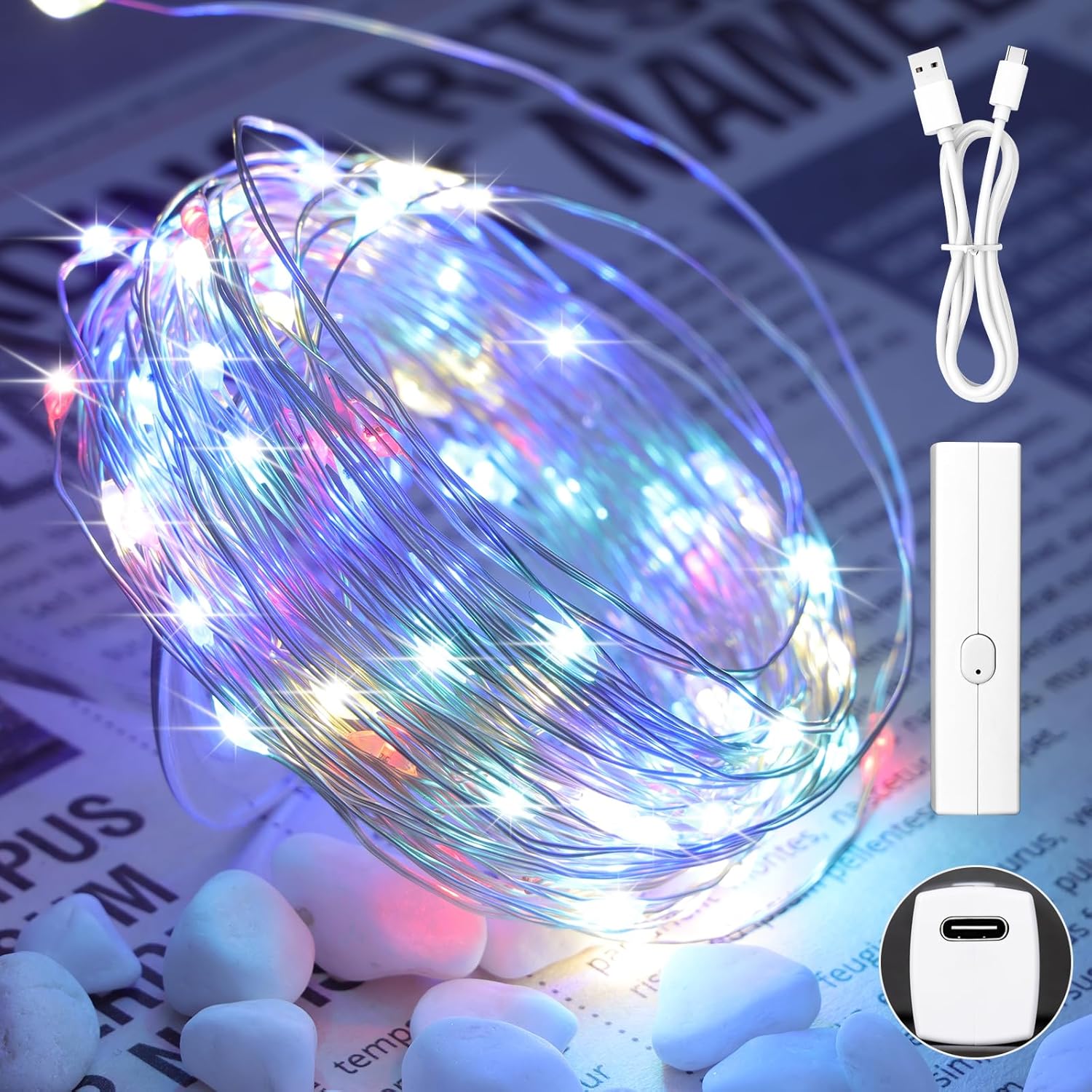 Lakumu 66FT(33 * 2) String Lights Battery Operated, LED Fairy Lights with Timer, Rechargeable