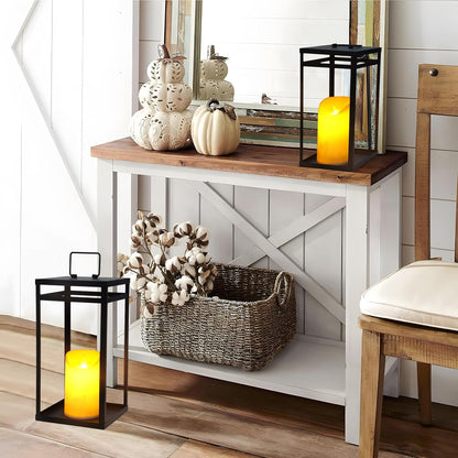 Modern Farmhouse Lantern Decor, 2Pcs Metal Candle Lanterns with Flameless Candles Black Decorative