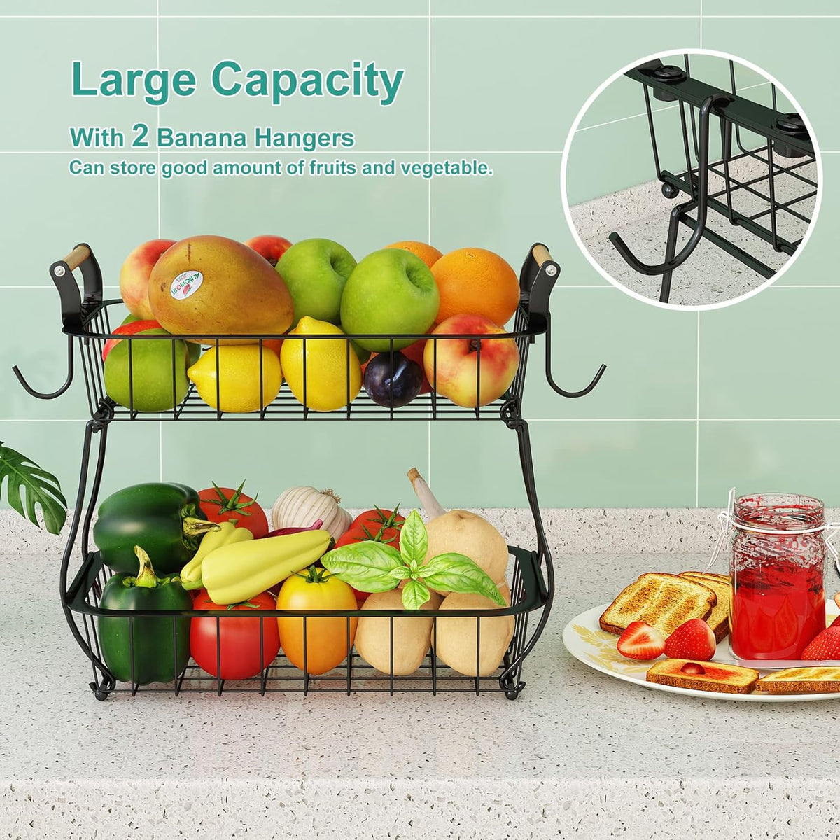 ANTOPY 2 Tier Fruit Basket with 2 Banana Hangers, Countertop Fruit Vegetable Basket Bowl for