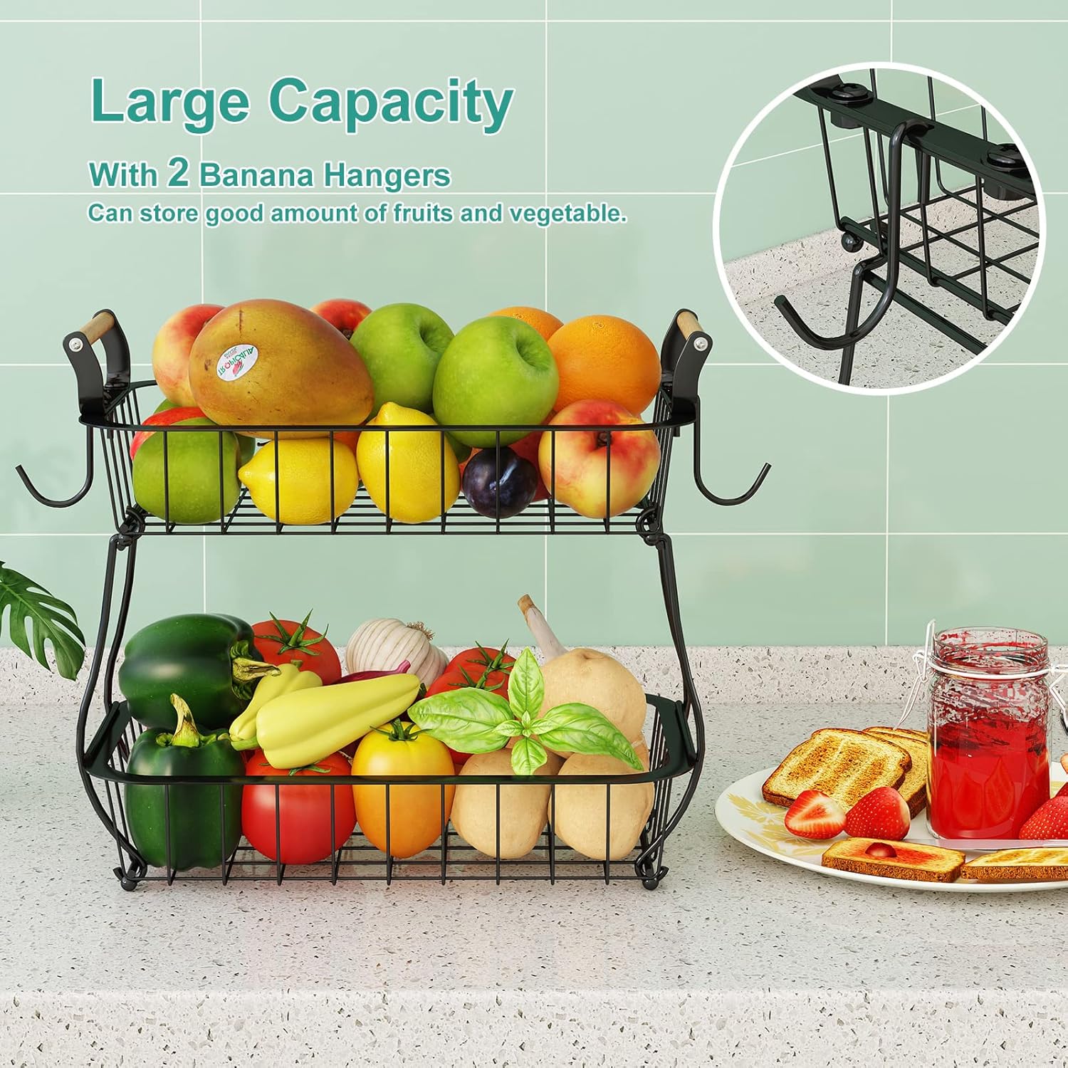 ANTOPY 2 Tier Fruit Basket with 2 Banana Hangers, Countertop Fruit Vegetable Basket Bowl for
