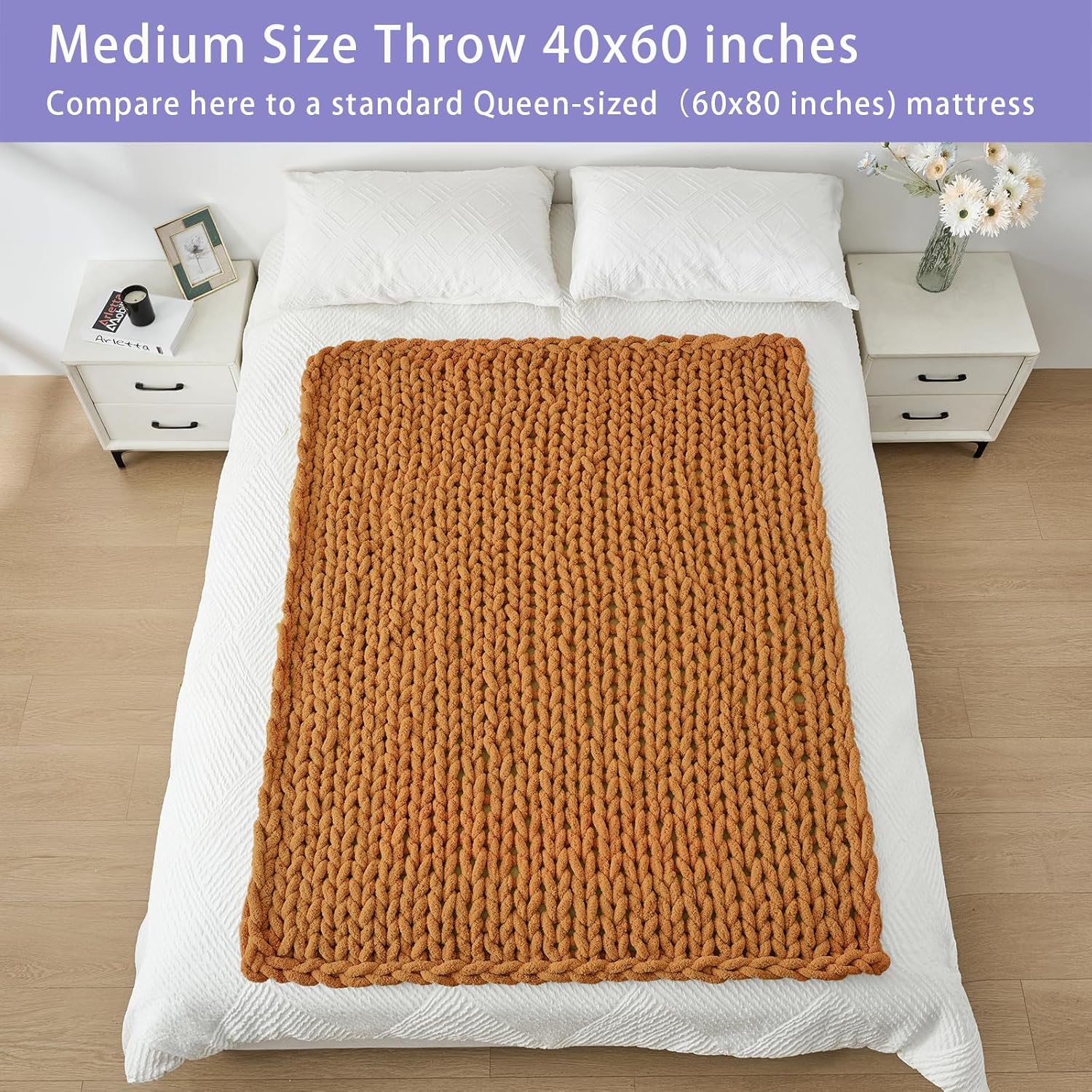 Bigacogo Chunky Knit Throw Blanket for Couch, 40x60 inches, 100% Hand Knitted with Thick Jumbo