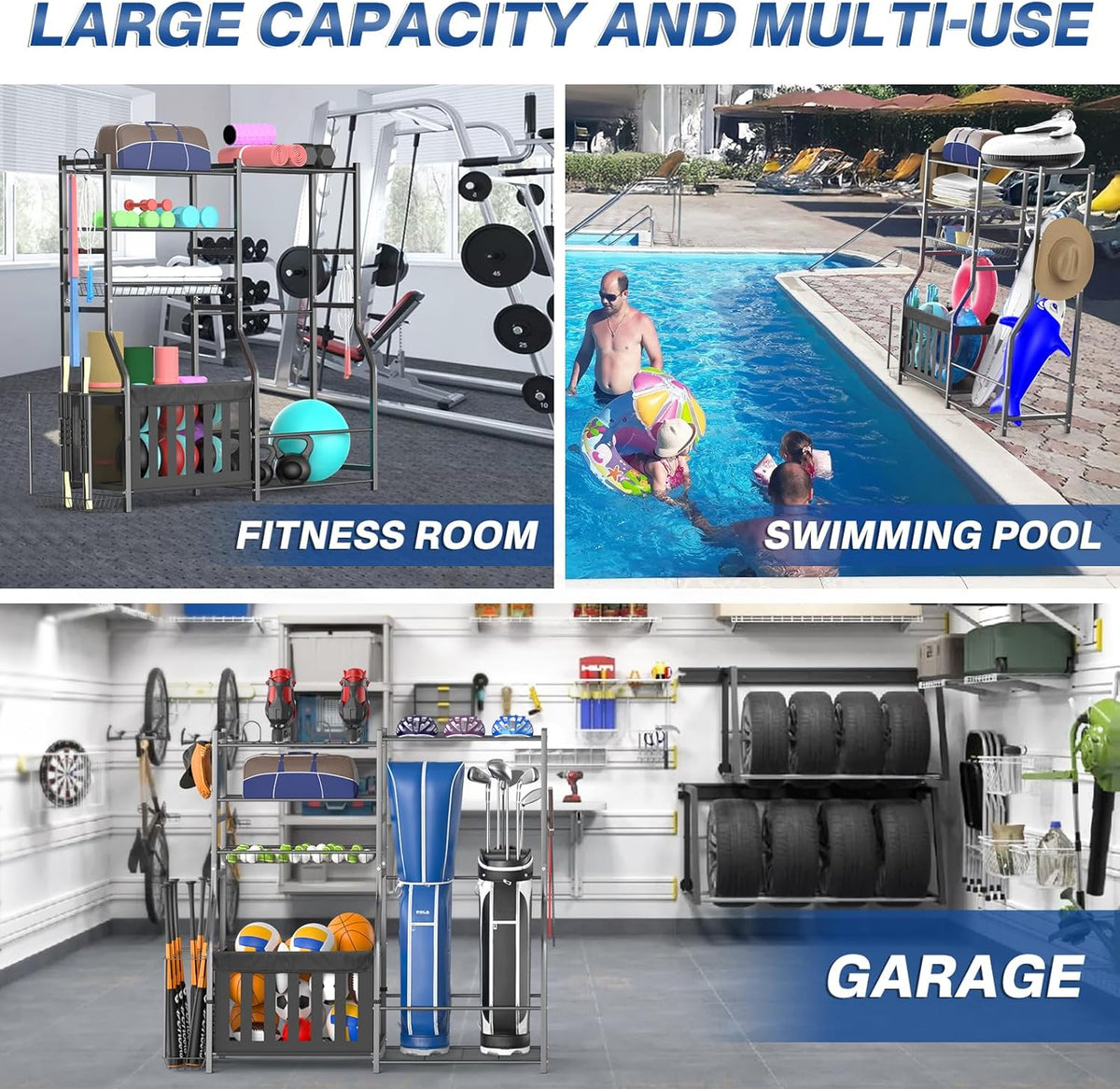 Garage Sports Equipment Organizer, Strong Load Bearing Golf Bag Organizer, Multi Use Golf Ball Rack