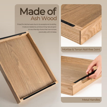 Axeman Wooden Serving Tray with Metal Handles|Ottoman Tray for Breakfast, Bed, Couch|17x13in Ash